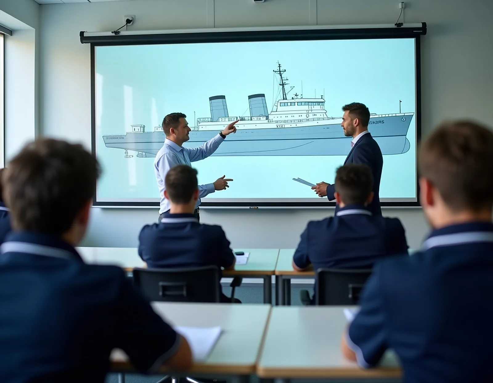 Instructor presenting a ship diagram to students in a maritime training classroom