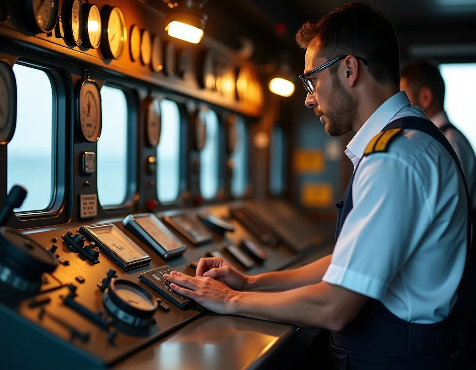 Officer in a white shirt reading gauges in a cargo control room lined with dials and panels