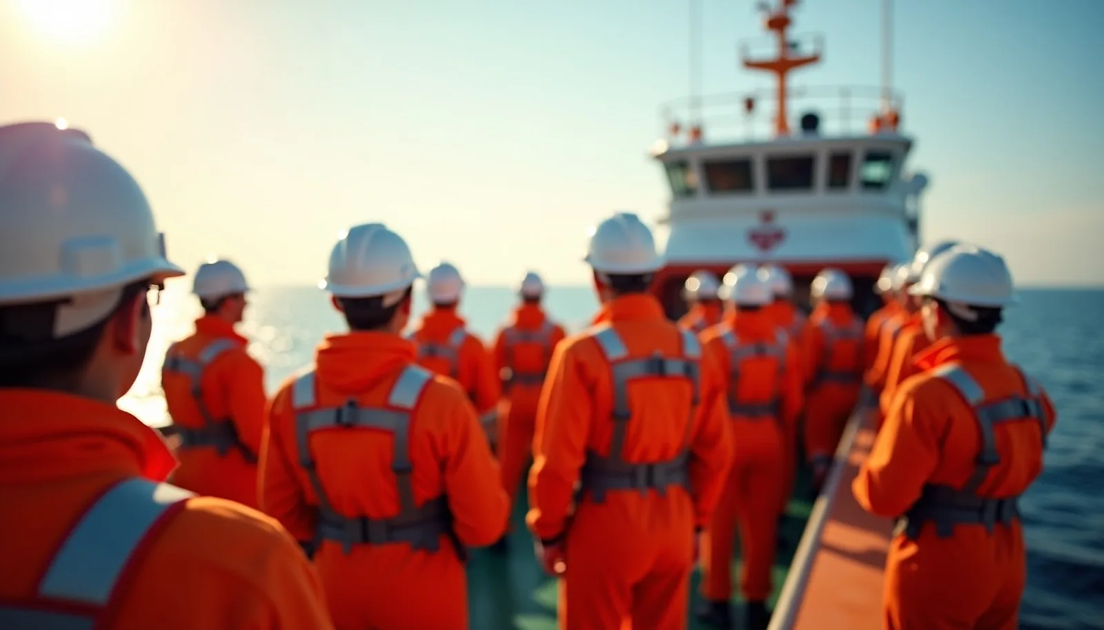 Seafarers in orange coveralls and white helmets gathered on a ship deck during a safety drill