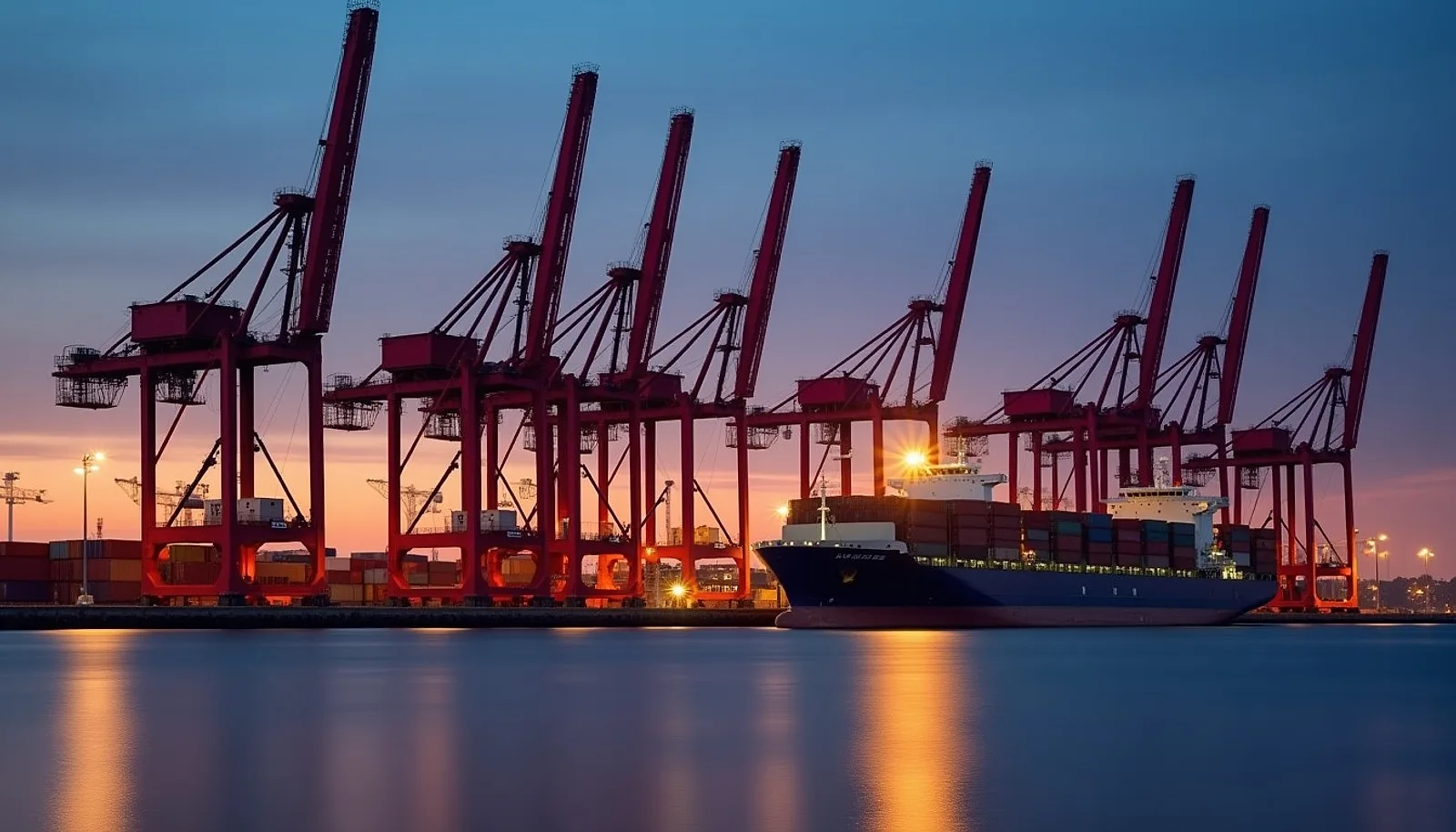 Row of tall port gantry cranes and a ship at berth at dusk