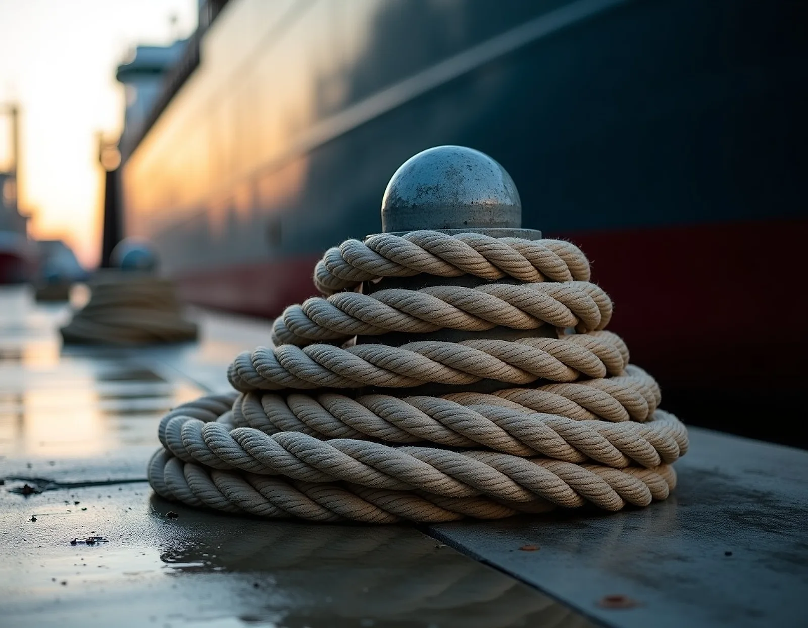 Coiled mooring rope on a steel bollard on a quay with a ship hull behind